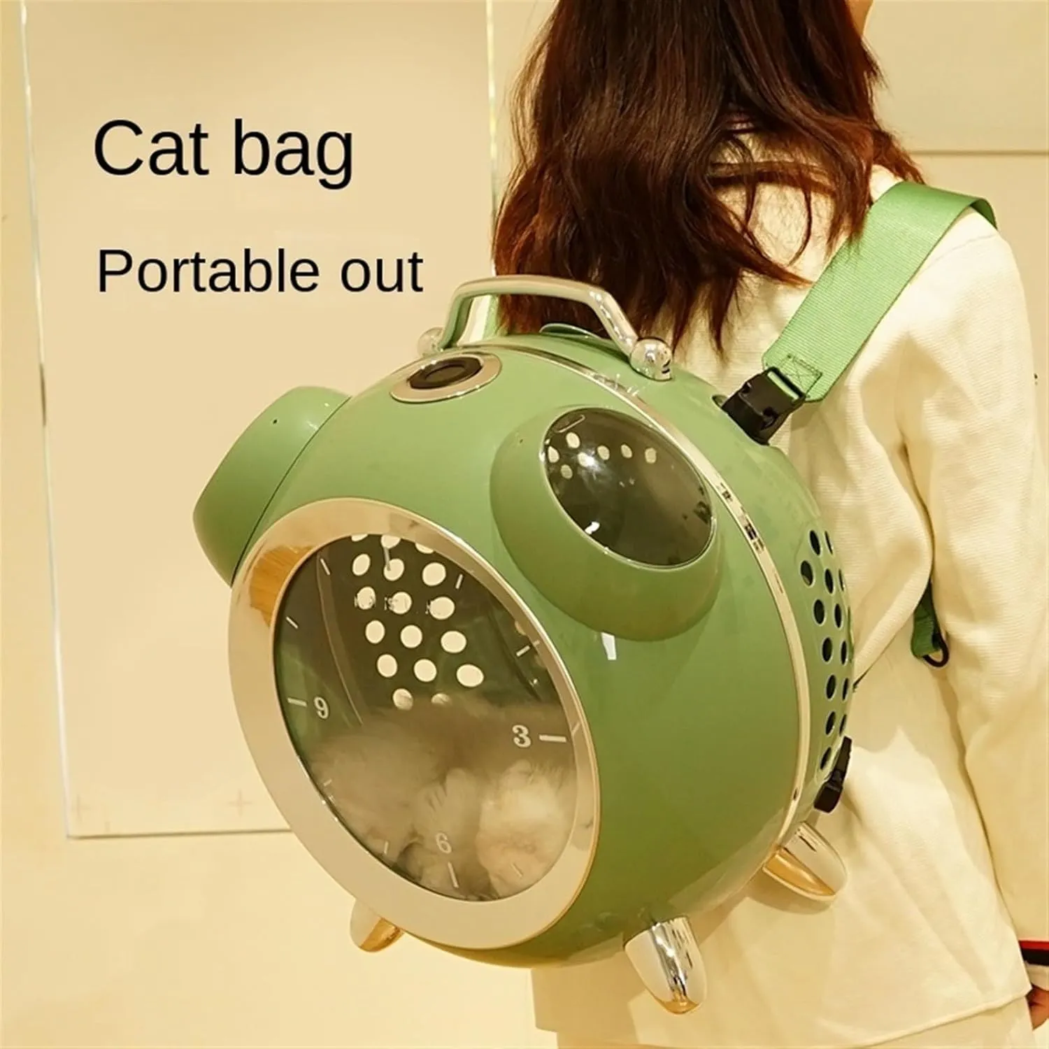 Alarm Clock Cat Bag Go Out Portable Space Capsule Cat Backpack Travel Cat Crate Crate Shoulder Pet Go Out Bag Supplies(Green)