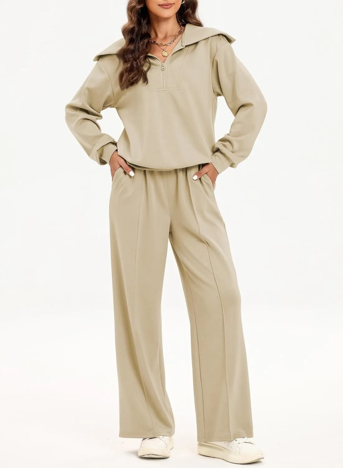 Aleumdr Two Piece Outfits Half Zip Sweatshirt Sweatsuit Lounge Sets for Women Matching Set Wide Leg Sweatpant Tracksuit