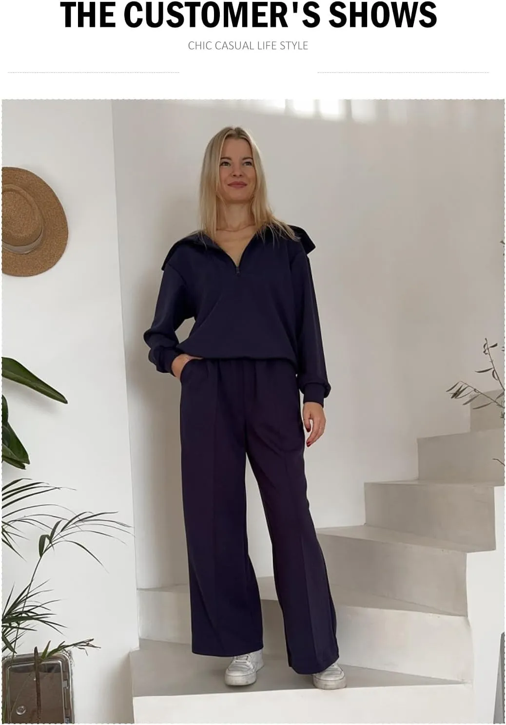 Aleumdr Two Piece Outfits Half Zip Sweatshirt Sweatsuit Lounge Sets for Women Matching Set Wide Leg Sweatpant Tracksuit