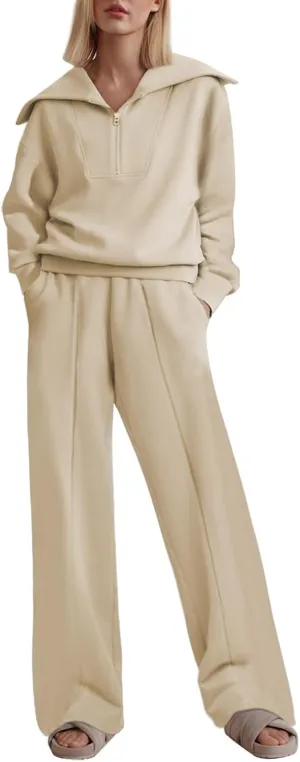 Aleumdr Two Piece Outfits Half Zip Sweatshirt Sweatsuit Lounge Sets for Women Matching Set Wide Leg Sweatpant Tracksuit