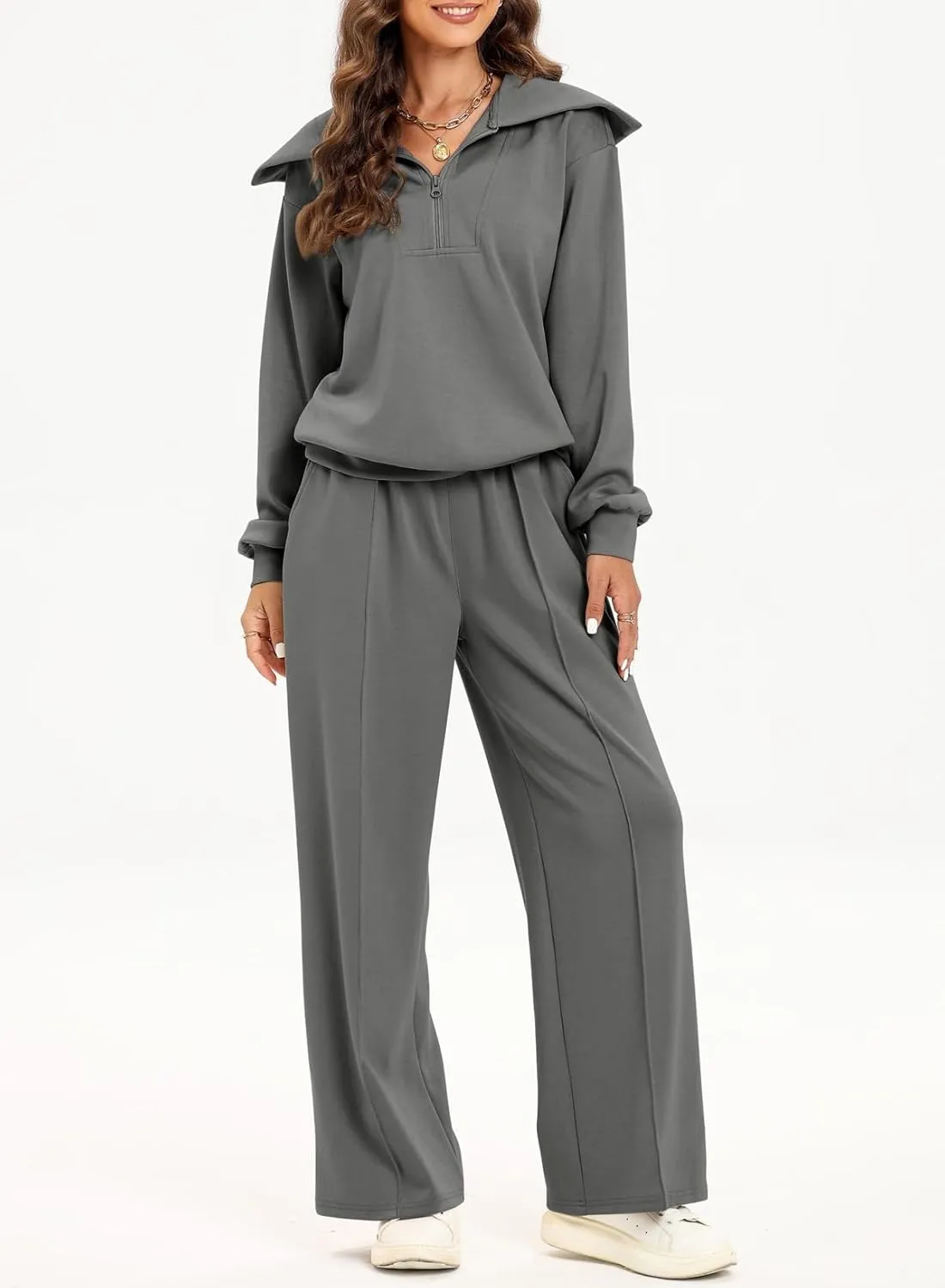 Aleumdr Two Piece Outfits Half Zip Sweatshirt Sweatsuit Lounge Sets for Women Matching Set Wide Leg Sweatpant Tracksuit