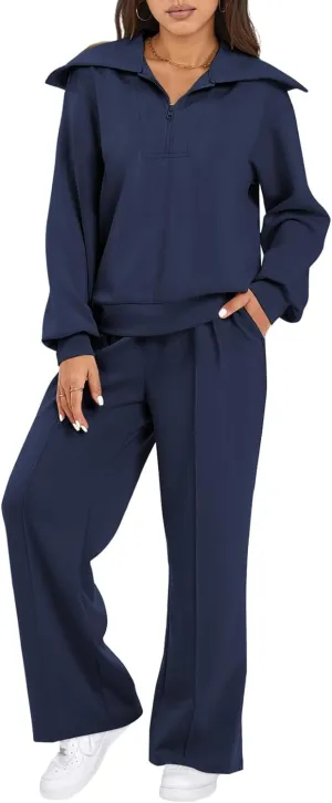 Aleumdr Two Piece Outfits Half Zip Sweatshirt Sweatsuit Lounge Sets for Women Matching Set Wide Leg Sweatpant Tracksuit