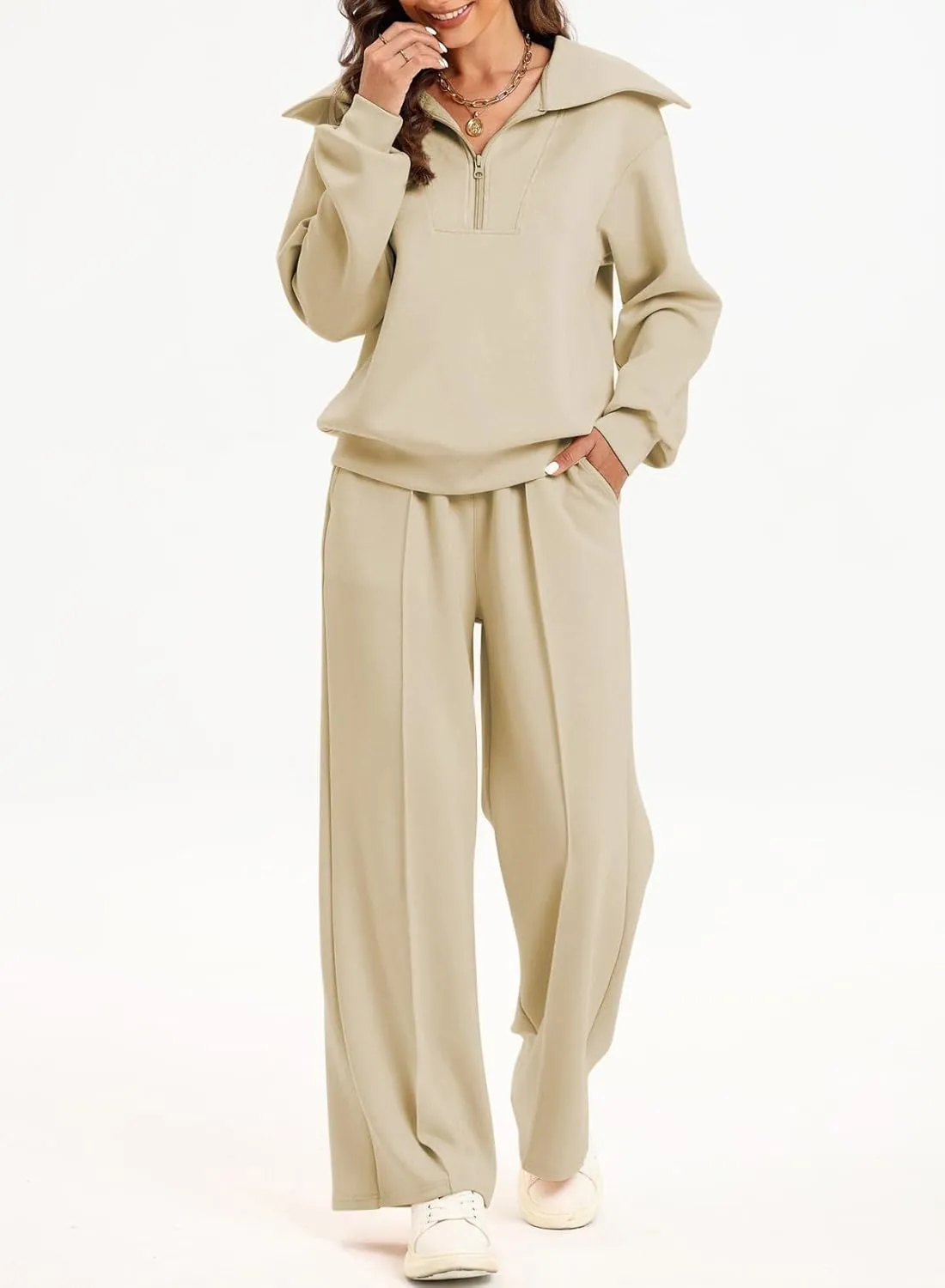 Aleumdr Two Piece Outfits Half Zip Sweatshirt Sweatsuit Lounge Sets for Women Matching Set Wide Leg Sweatpant Tracksuit