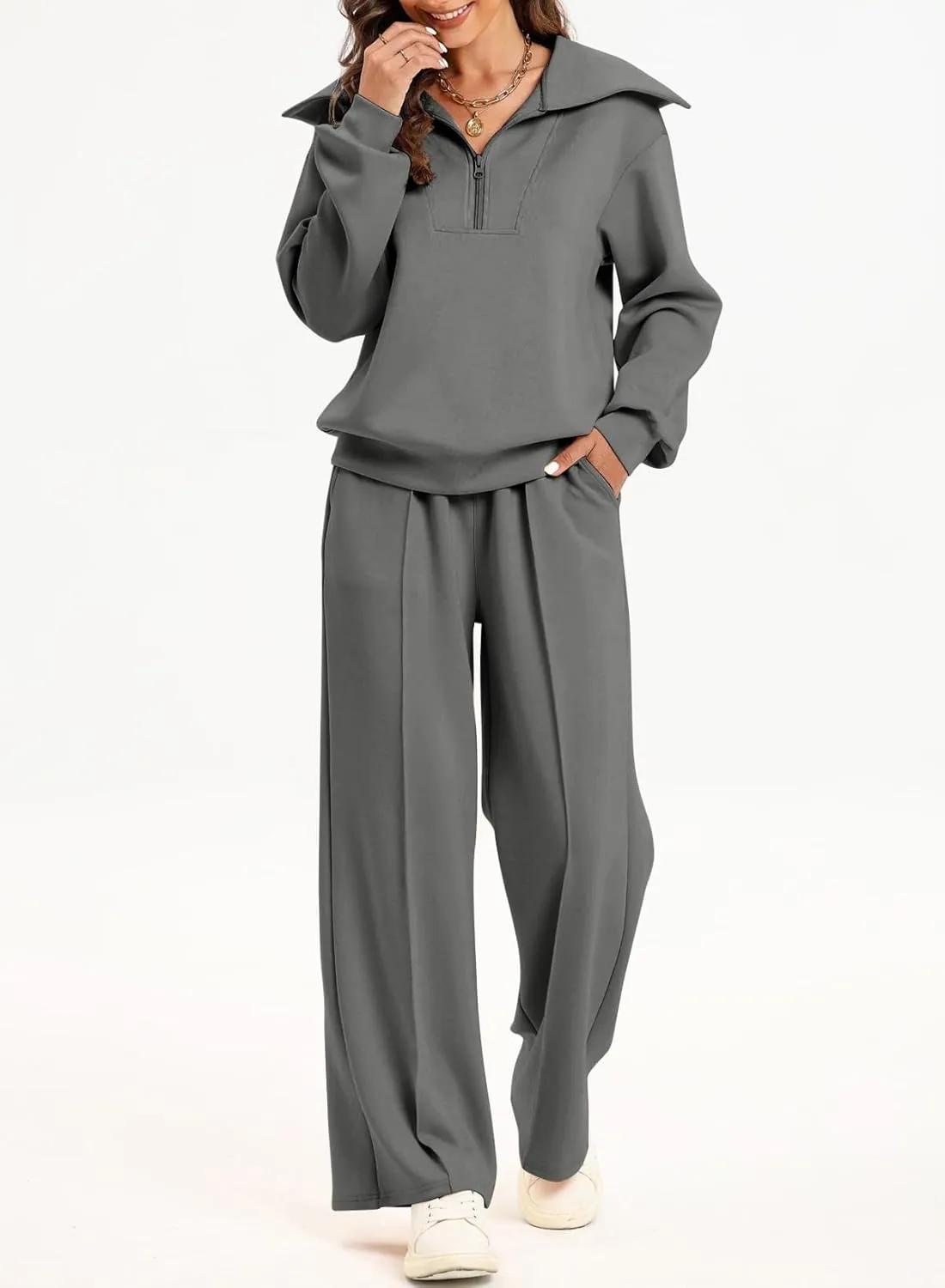 Aleumdr Two Piece Outfits Half Zip Sweatshirt Sweatsuit Lounge Sets for Women Matching Set Wide Leg Sweatpant Tracksuit