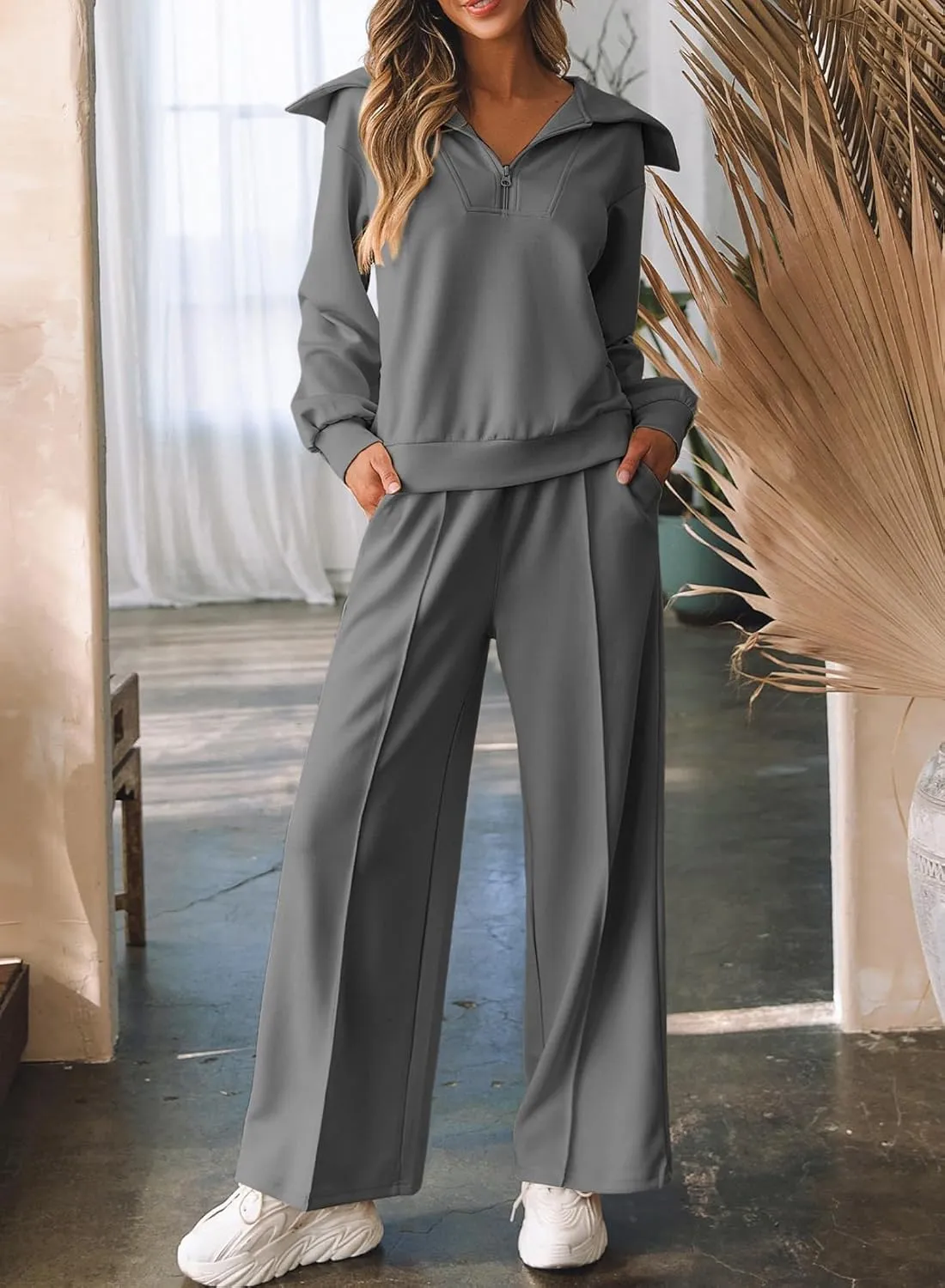 Aleumdr Two Piece Outfits Half Zip Sweatshirt Sweatsuit Lounge Sets for Women Matching Set Wide Leg Sweatpant Tracksuit