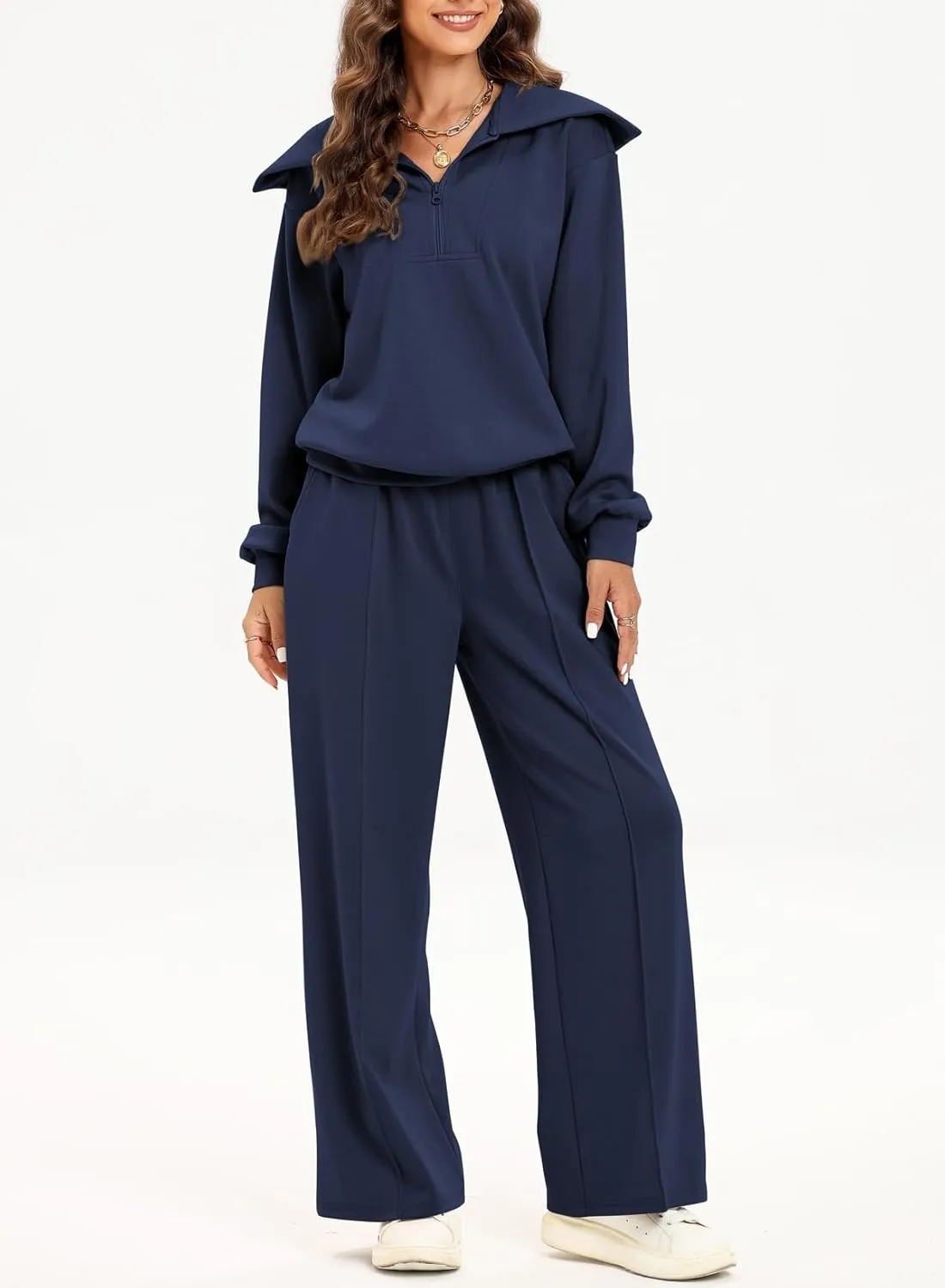 Aleumdr Two Piece Outfits Half Zip Sweatshirt Sweatsuit Lounge Sets for Women Matching Set Wide Leg Sweatpant Tracksuit