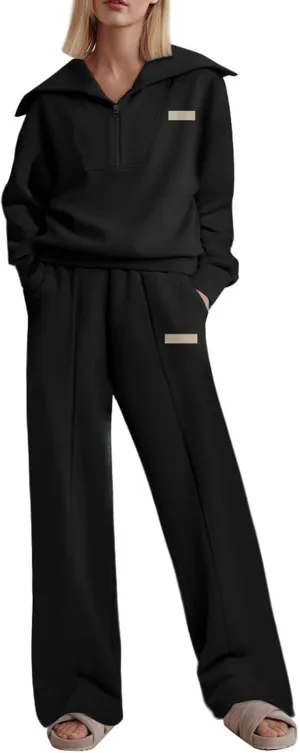 Aleumdr Two Piece Outfits Half Zip Sweatshirt Sweatsuit Lounge Sets for Women Matching Set Wide Leg Sweatpant Tracksuit