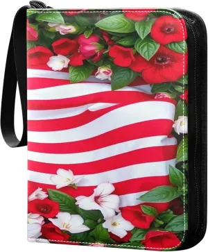 American Flag and Flowers Card Binder 4 Pocket Collectible Trading Card Albums with 50 Sleeves Double Side PU Waterproof 3 Ring for Sports & Game Cards