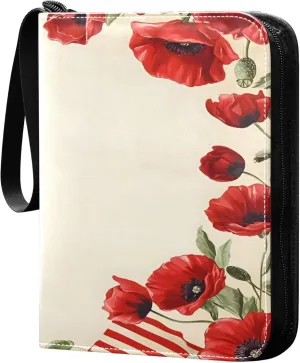 American Flag and Flowers Card Binder 4 Pocket Collectible Trading Card Albums with 50 Sleeves Double Side PU Waterproof 3 Ring for Sports & Game Cards