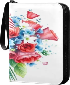 American Flag and Flowers Card Binder 4 Pocket Collectible Trading Card Albums with 50 Sleeves Double Side PU Waterproof 3 Ring for Sports & Game Cards
