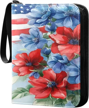 American Flag and Flowers Card Binder 4 Pocket Collectible Trading Card Albums with 50 Sleeves Double Side PU Waterproof 3 Ring for Sports & Game Cards