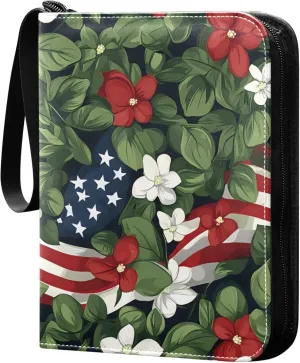 American Flag and Pretty Flowers Card Binder 4 Pocket Collectible Trading Card Albums with 50 Sleeves Double Side PU Waterproof 3 Ring for Sports & Game Cards