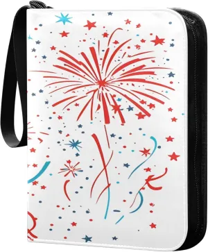 American Flag Fireworks Card Binder 4 Pocket Collectible Trading Card Albums with 50 Sleeves Double Side PU Waterproof 3 Ring for Sports & Game Cards