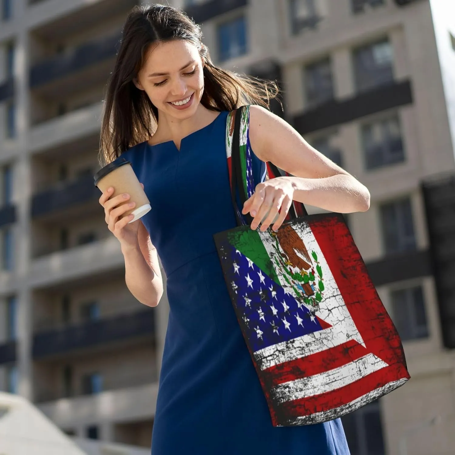American Mexican Flag Canvas Totes Bag Shoulder Bags Shopping Crossbody Work Bag 13.8 X 15.4 inch
