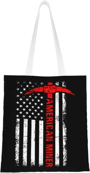 American Miner Patriot Day Usa Flag Tote Bag for Women Canvas Shopping Bags Reusable Large Capacity Casual Shoulder Handbags Grocery Bags DIY Gift Bags