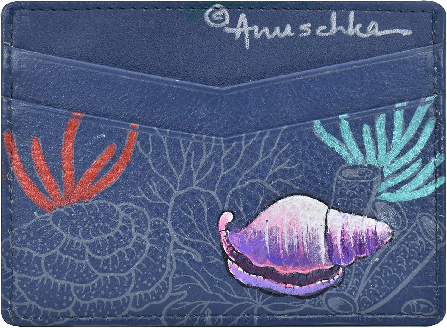 Anuschka Women’s Hand-painted Genuine Leather Credit Card Case - One Open Pocket, Four Card Holders - Mystical Reef
