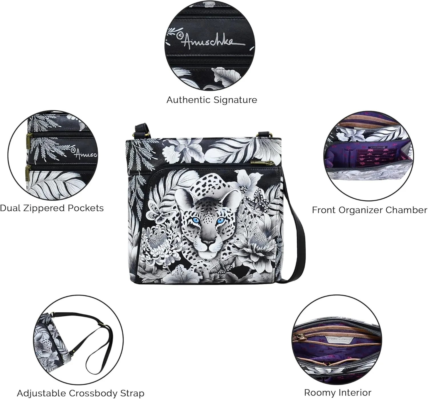 Anuschka Women's Original Hand-Painted Leather Crossbody with Front Zip Organizer & RFID Card Protection