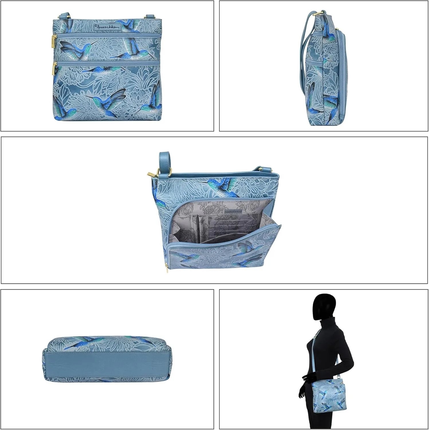 Anuschka Women's Original Hand-Painted Leather Crossbody with Front Zip Organizer & RFID Card Protection