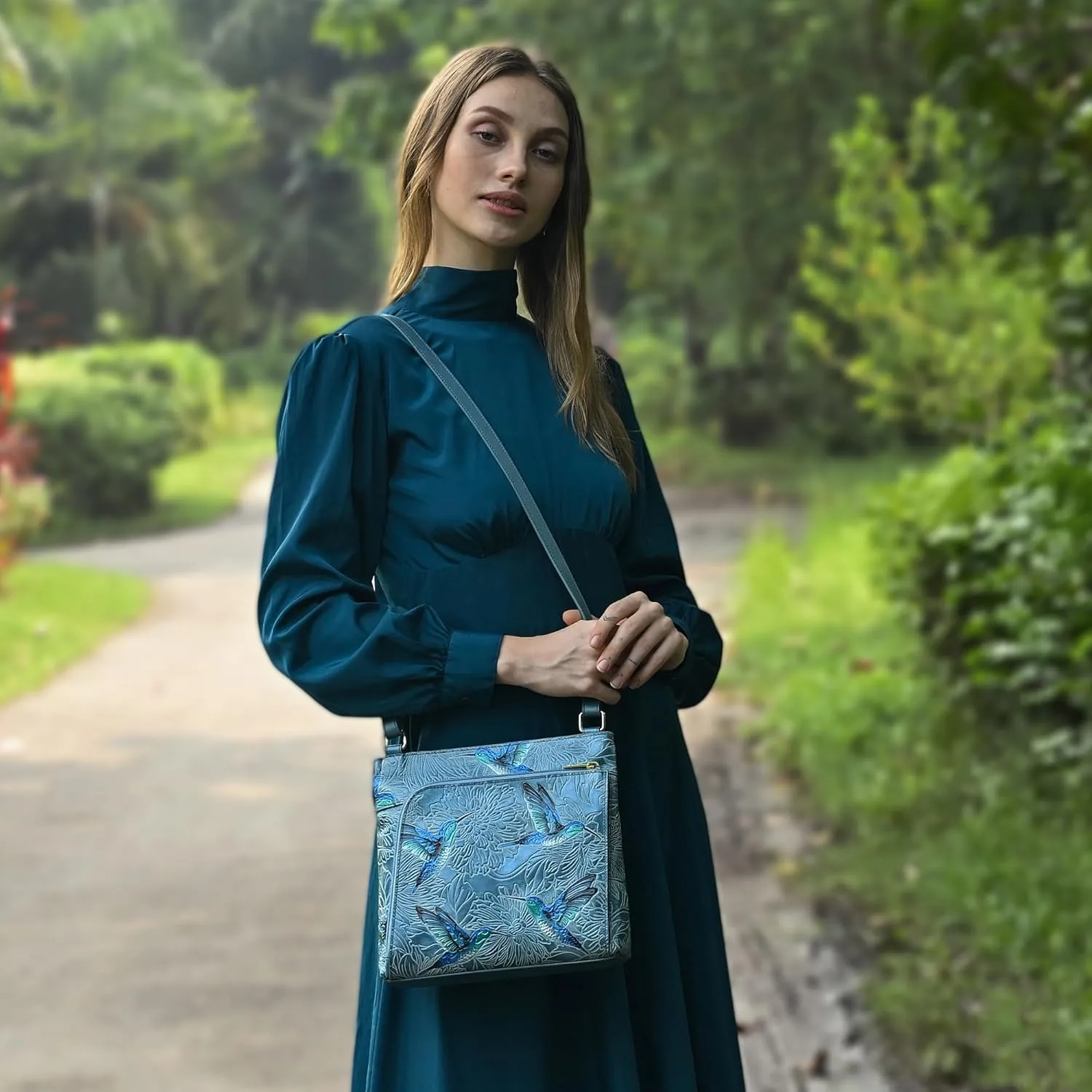 Anuschka Women's Original Hand-Painted Leather Crossbody with Front Zip Organizer & RFID Card Protection