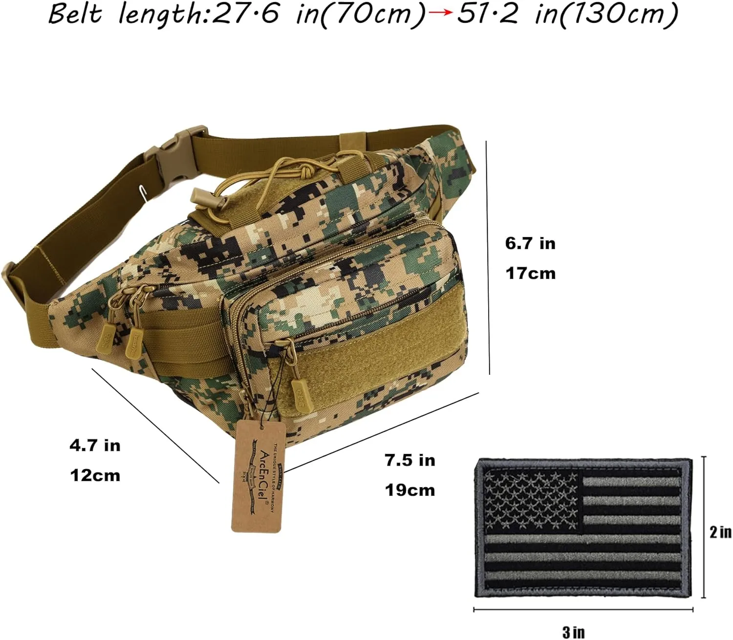 ArcEnCiel Tactical Fanny Pack for Men Waist Bag Military Hip Belt Outdoor Hiking Fishing Bumbag with Patch