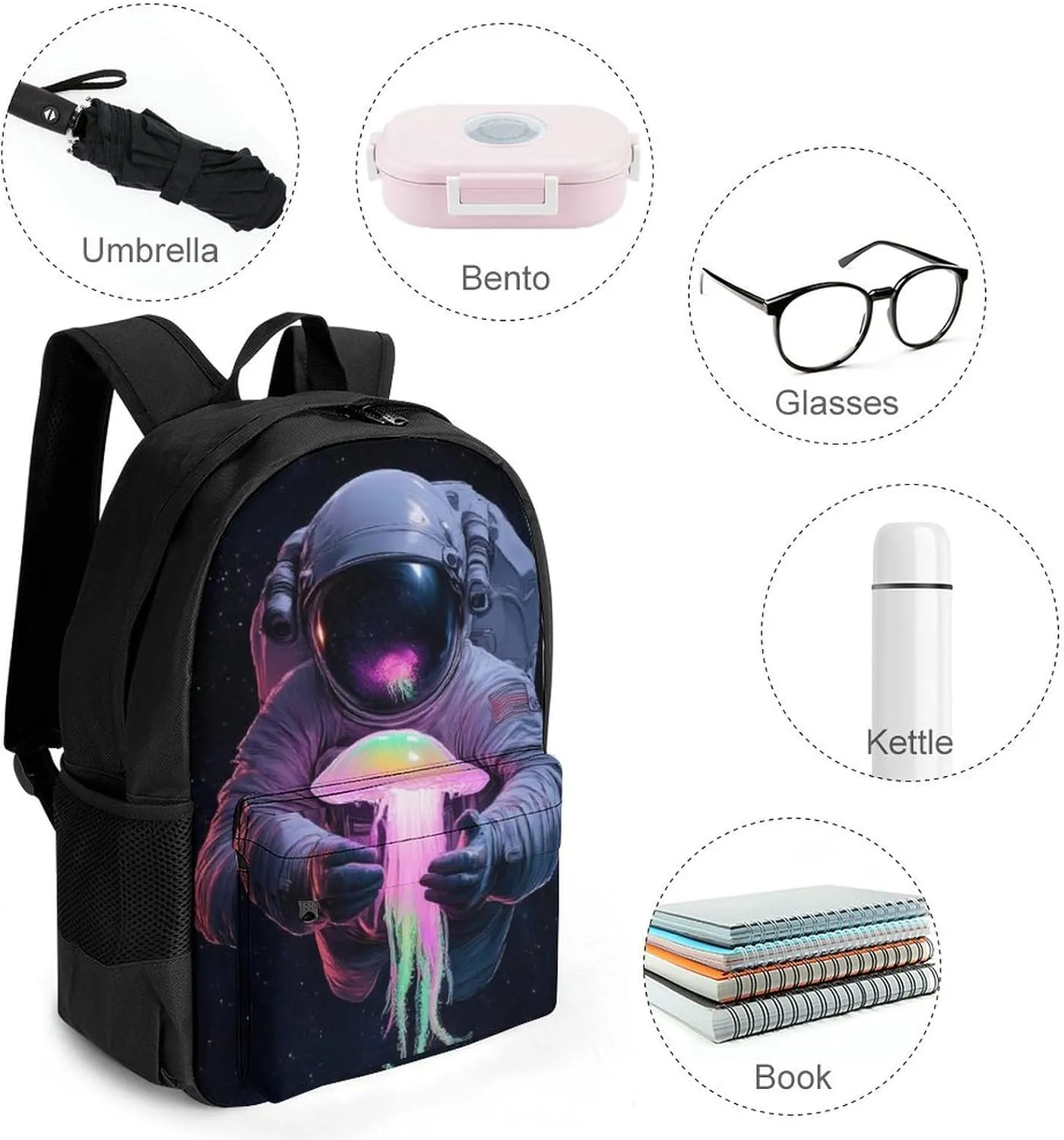 Astronaut Space Trippy Galaxy Planet Colorful Jellyfish Shoulder Book Bags Polyester Multipurpose Anti-Theft Carry On Bag Large Capacity Travel Hiking & Camping Rucksack