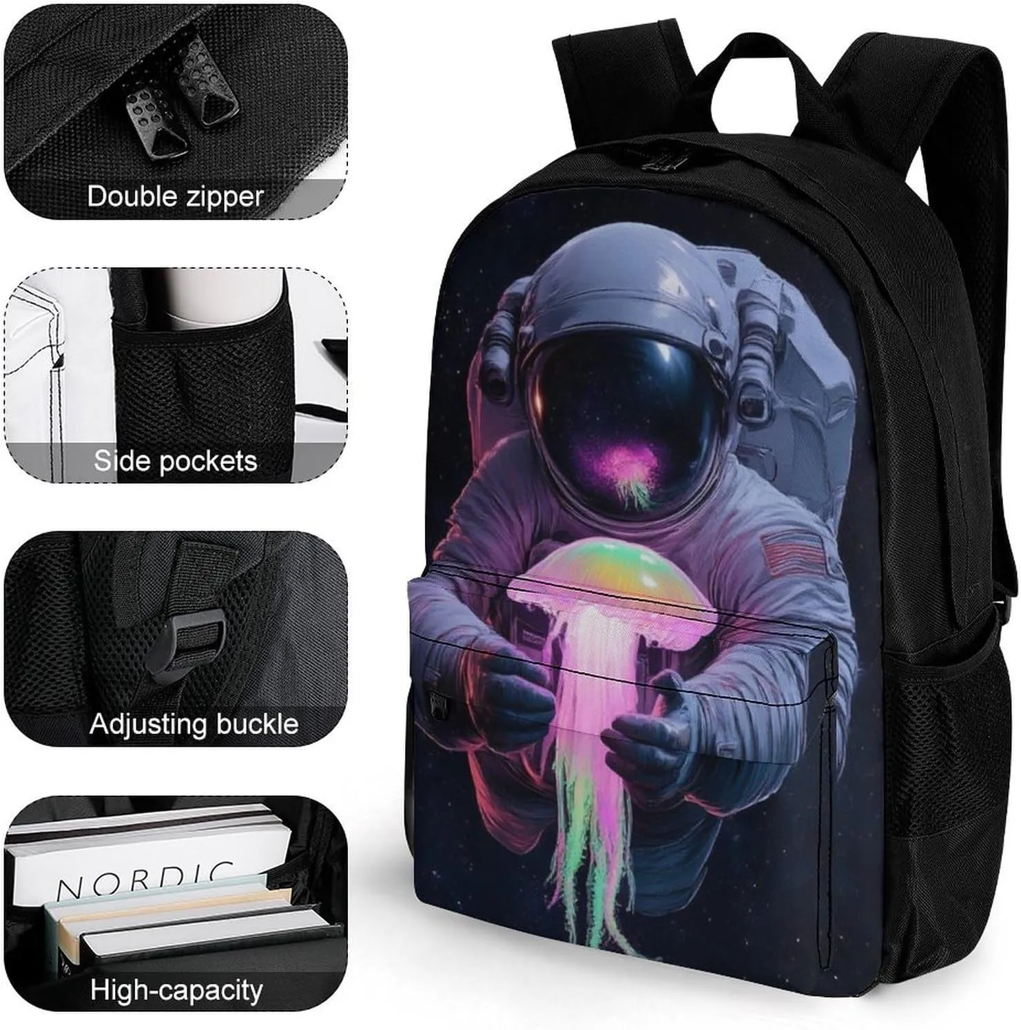 Astronaut Space Trippy Galaxy Planet Colorful Jellyfish Shoulder Book Bags Polyester Multipurpose Anti-Theft Carry On Bag Large Capacity Travel Hiking & Camping Rucksack