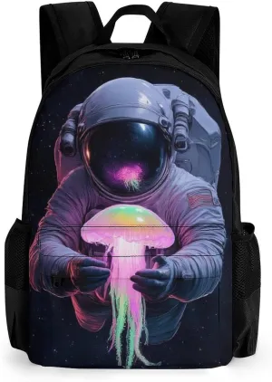 Astronaut Space Trippy Galaxy Planet Colorful Jellyfish Shoulder Book Bags Polyester Multipurpose Anti-Theft Carry On Bag Large Capacity Travel Hiking & Camping Rucksack