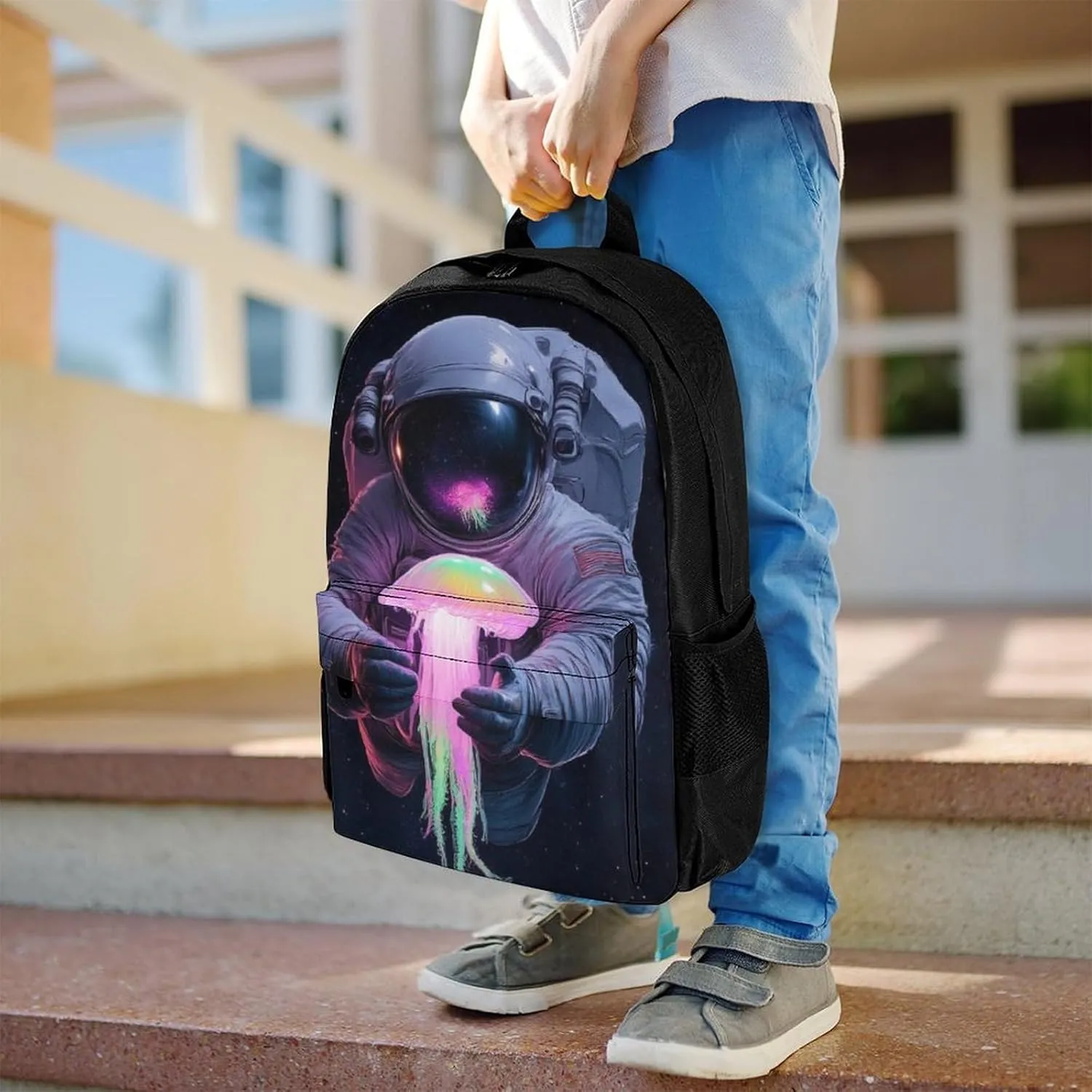 Astronaut Space Trippy Galaxy Planet Colorful Jellyfish Shoulder Book Bags Polyester Multipurpose Anti-Theft Carry On Bag Large Capacity Travel Hiking & Camping Rucksack