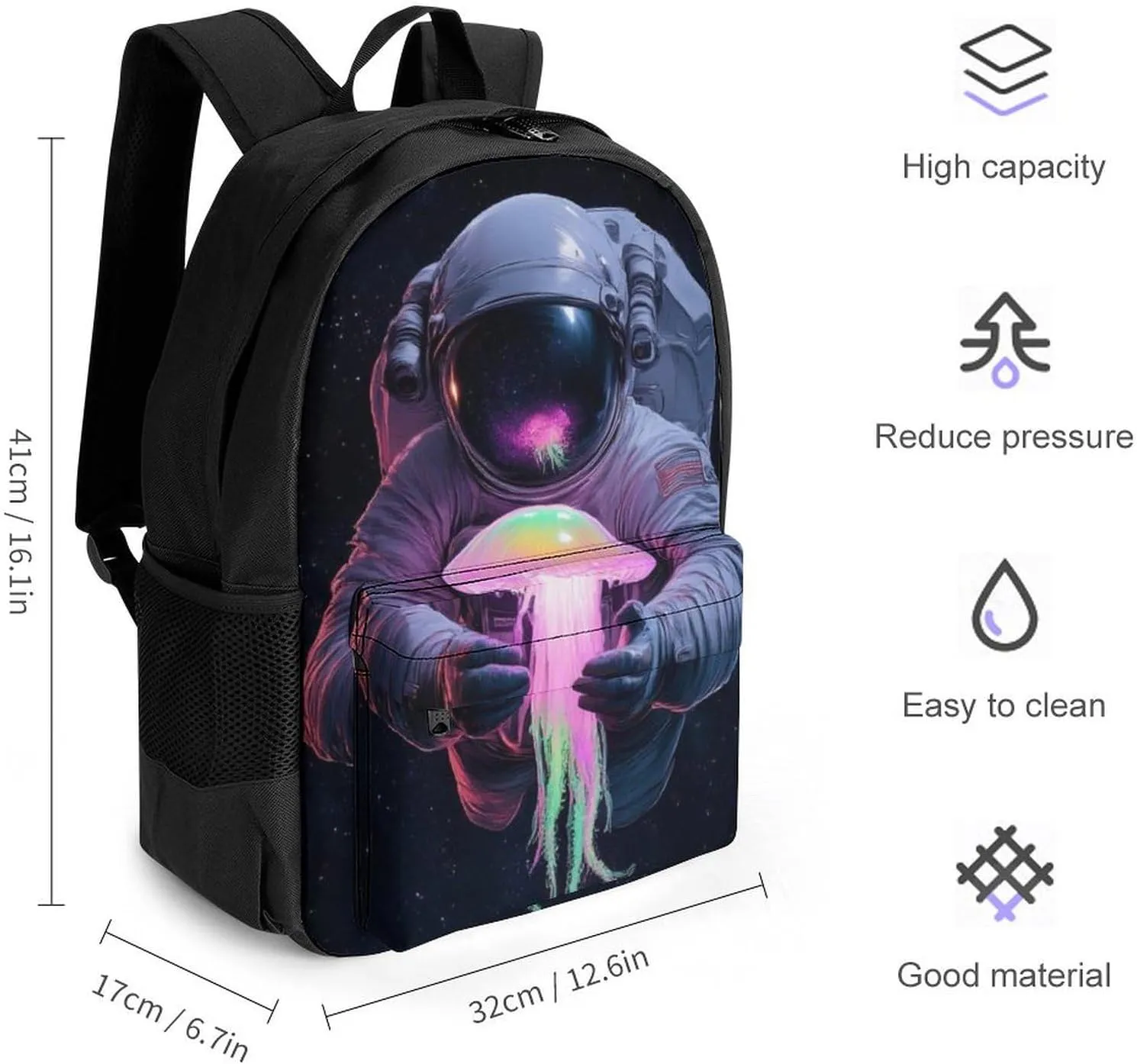 Astronaut Space Trippy Galaxy Planet Colorful Jellyfish Shoulder Book Bags Polyester Multipurpose Anti-Theft Carry On Bag Large Capacity Travel Hiking & Camping Rucksack