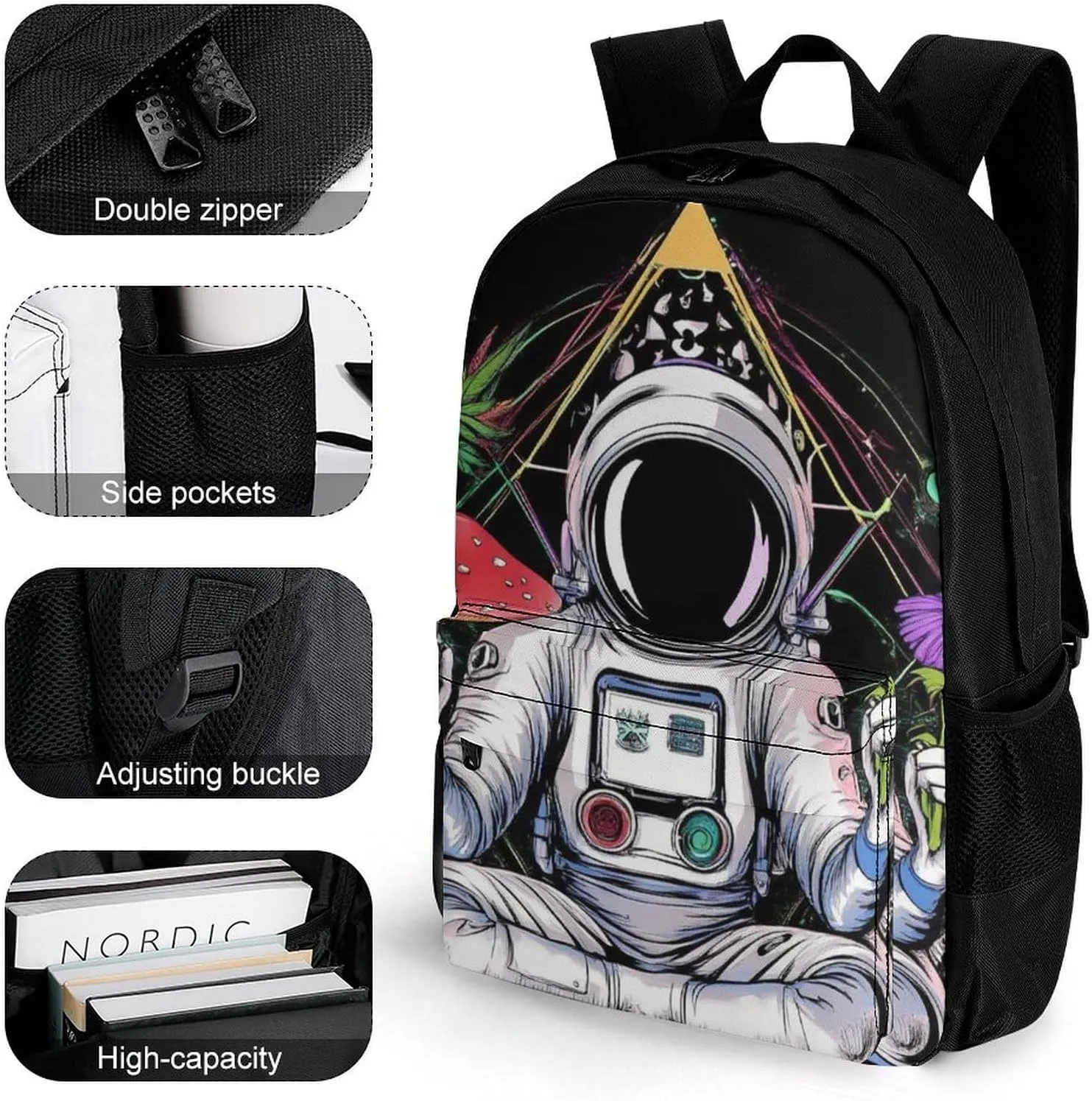 Astronaut Trippy Mushroom Art Rucksacks Lightweight Multipurpose Anti-Theft Shoulder Bag Big Capacity Traveling & Camping Backpack With Side Pockets