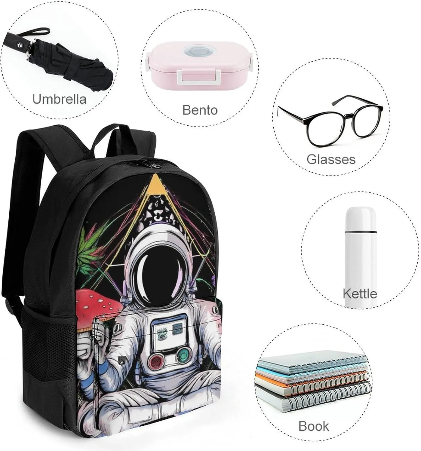 Astronaut Trippy Mushroom Art Rucksacks Lightweight Multipurpose Anti-Theft Shoulder Bag Big Capacity Traveling & Camping Backpack With Side Pockets