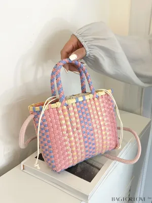 BagForLove - Colorblock Double Handle Square Bag with Drawstring Inner Pouch - Perfect for Vacation!