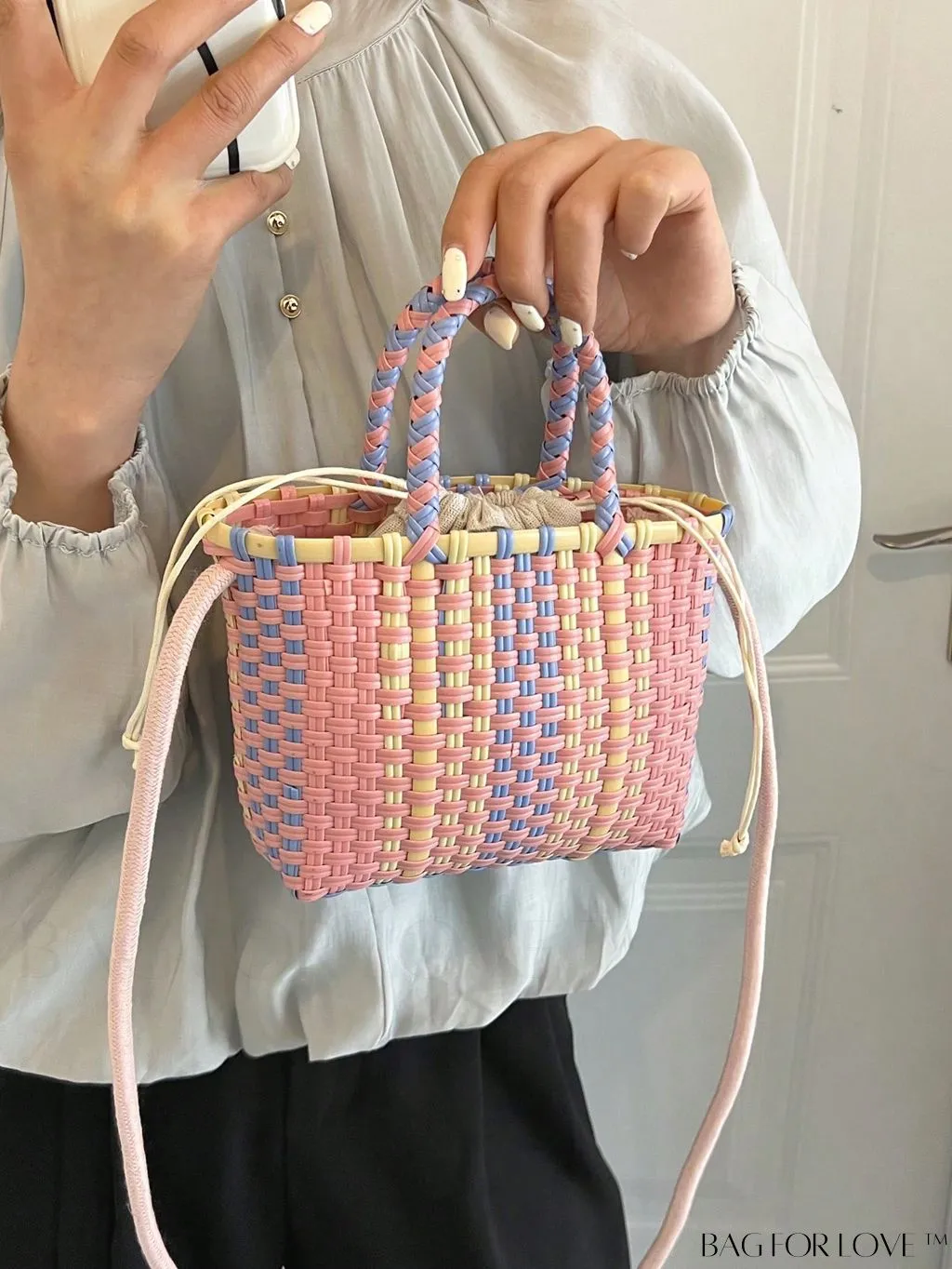 BagForLove - Colorblock Double Handle Square Bag with Drawstring Inner Pouch - Perfect for Vacation!