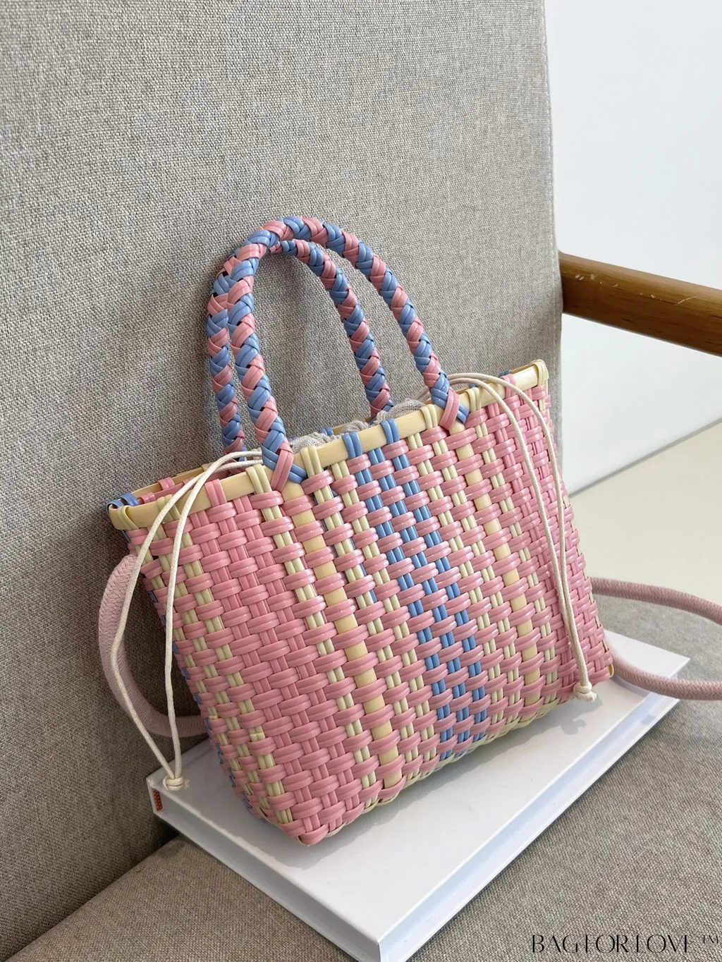 BagForLove - Colorblock Double Handle Square Bag with Drawstring Inner Pouch - Perfect for Vacation!