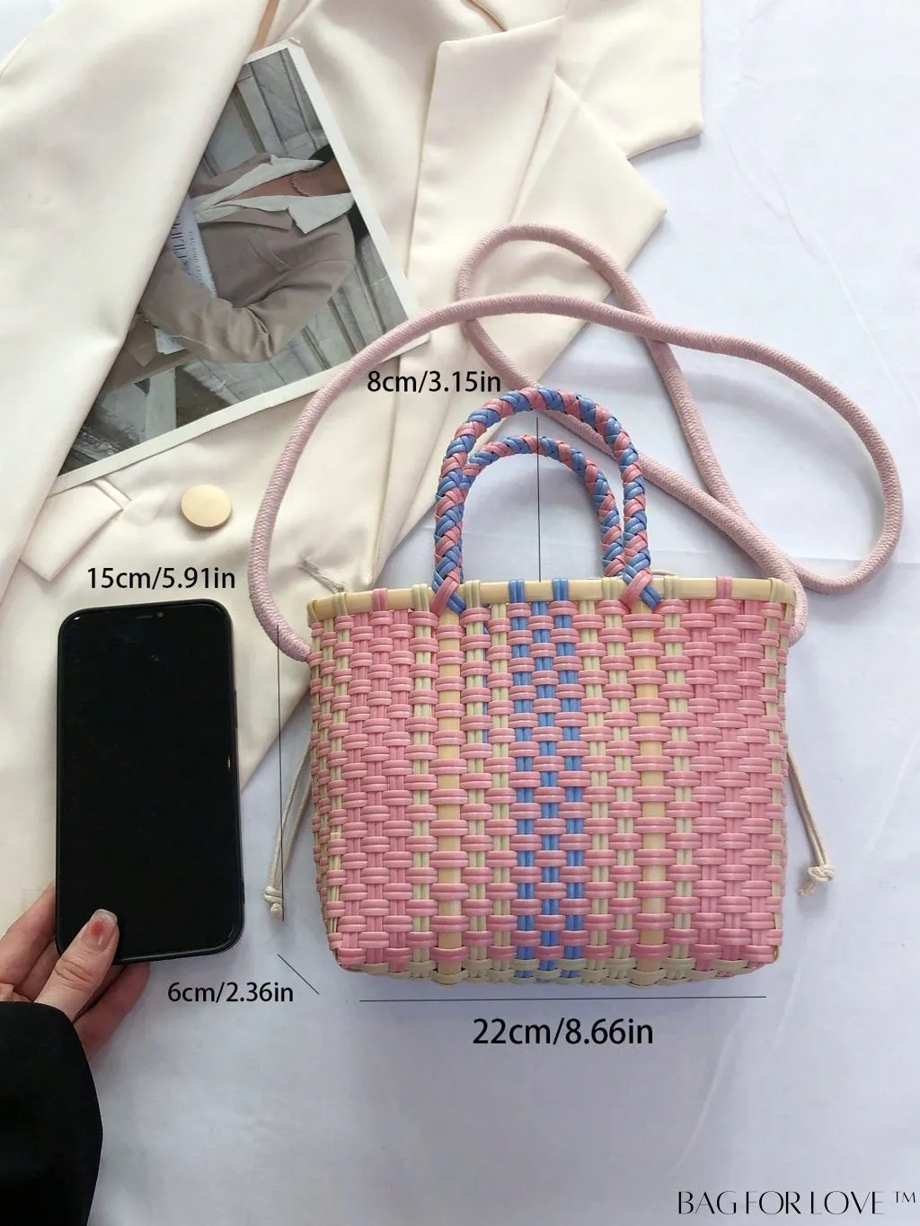BagForLove - Colorblock Double Handle Square Bag with Drawstring Inner Pouch - Perfect for Vacation!