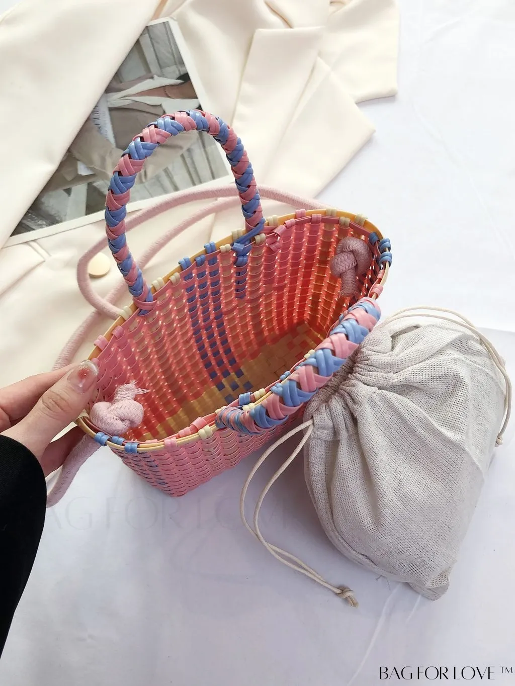 BagForLove - Colorblock Double Handle Square Bag with Drawstring Inner Pouch - Perfect for Vacation!