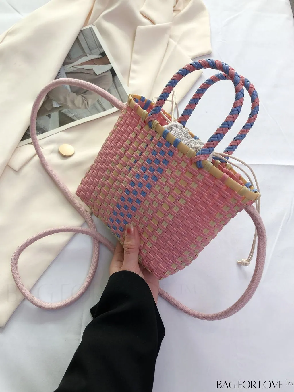 BagForLove - Colorblock Double Handle Square Bag with Drawstring Inner Pouch - Perfect for Vacation!