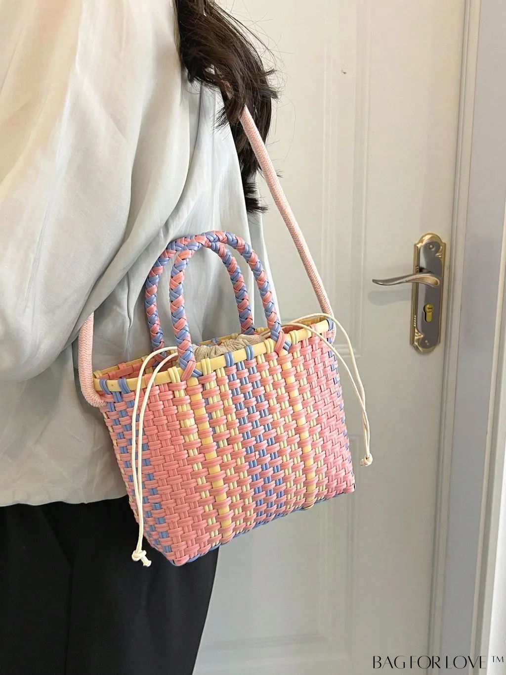 BagForLove - Colorblock Double Handle Square Bag with Drawstring Inner Pouch - Perfect for Vacation!
