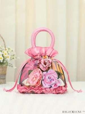 BagForLove - Colorful Flower Decor Drawstring Handbag - Stylish Evening, Phone, and Bucket Bag (Random Patterns)