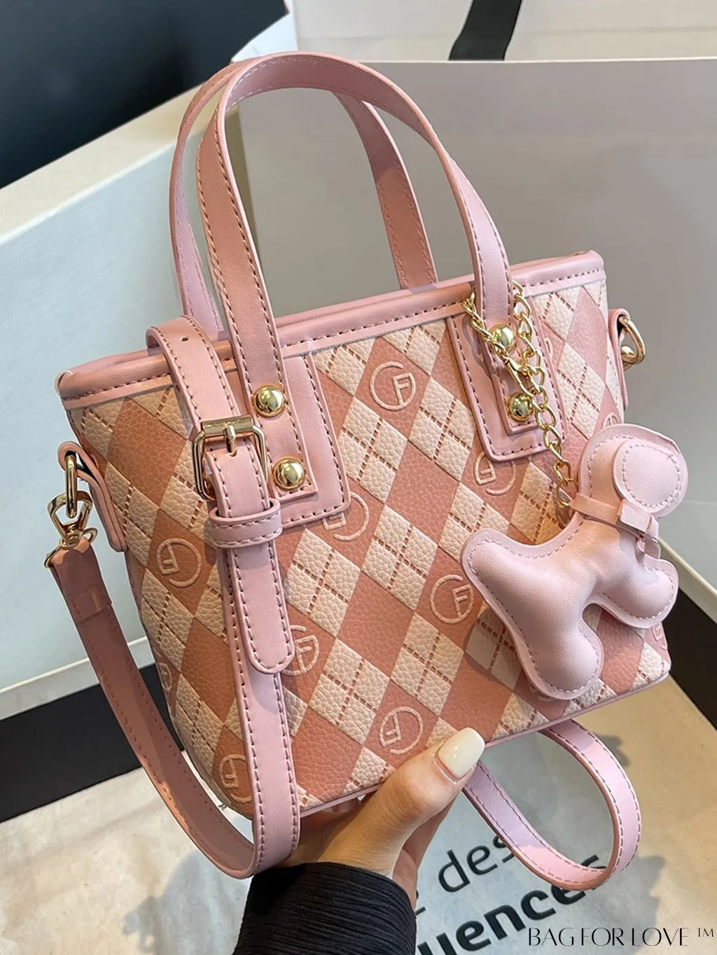 BagForLove - Compact Bucket Bag with Embossed Letter Design, Dual Handles, Contrast Binding & Bag Charm