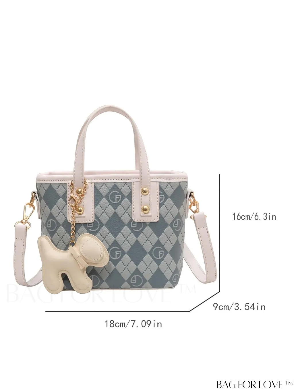 BagForLove - Compact Bucket Bag with Embossed Letter Design, Dual Handles, Contrast Binding & Bag Charm