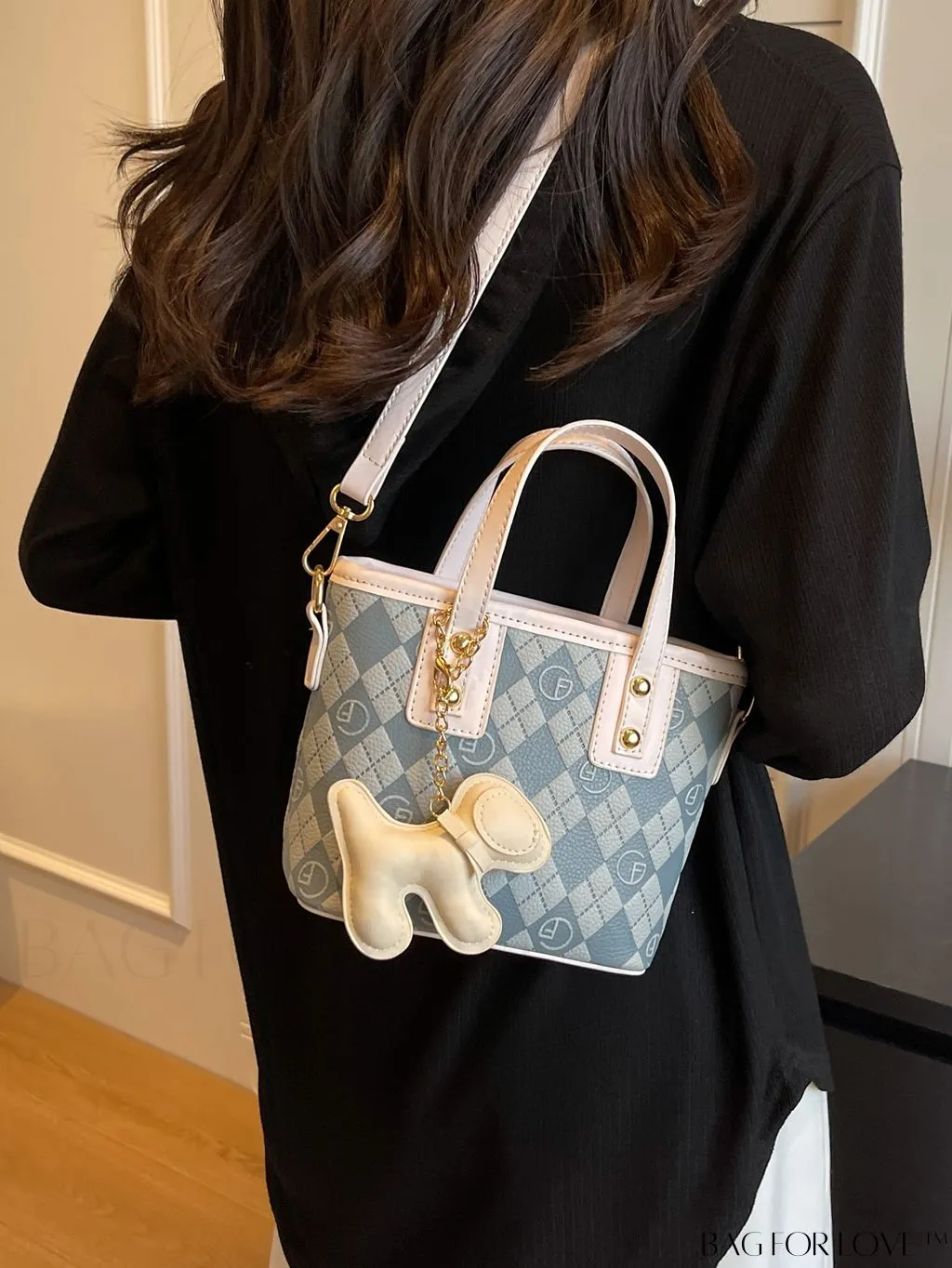 BagForLove - Compact Bucket Bag with Embossed Letter Design, Dual Handles, Contrast Binding & Bag Charm