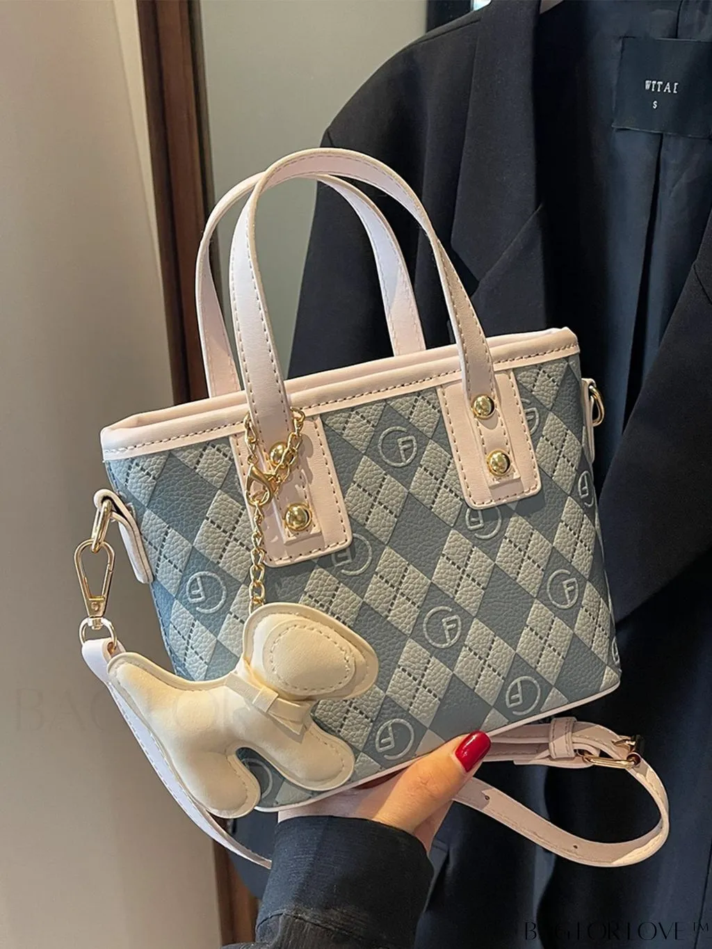 BagForLove - Compact Bucket Bag with Embossed Letter Design, Dual Handles, Contrast Binding & Bag Charm
