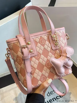 BagForLove - Compact Bucket Bag with Embossed Letter Design, Dual Handles, Contrast Binding & Bag Charm