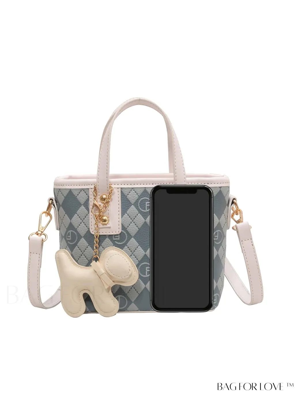 BagForLove - Compact Bucket Bag with Embossed Letter Design, Dual Handles, Contrast Binding & Bag Charm
