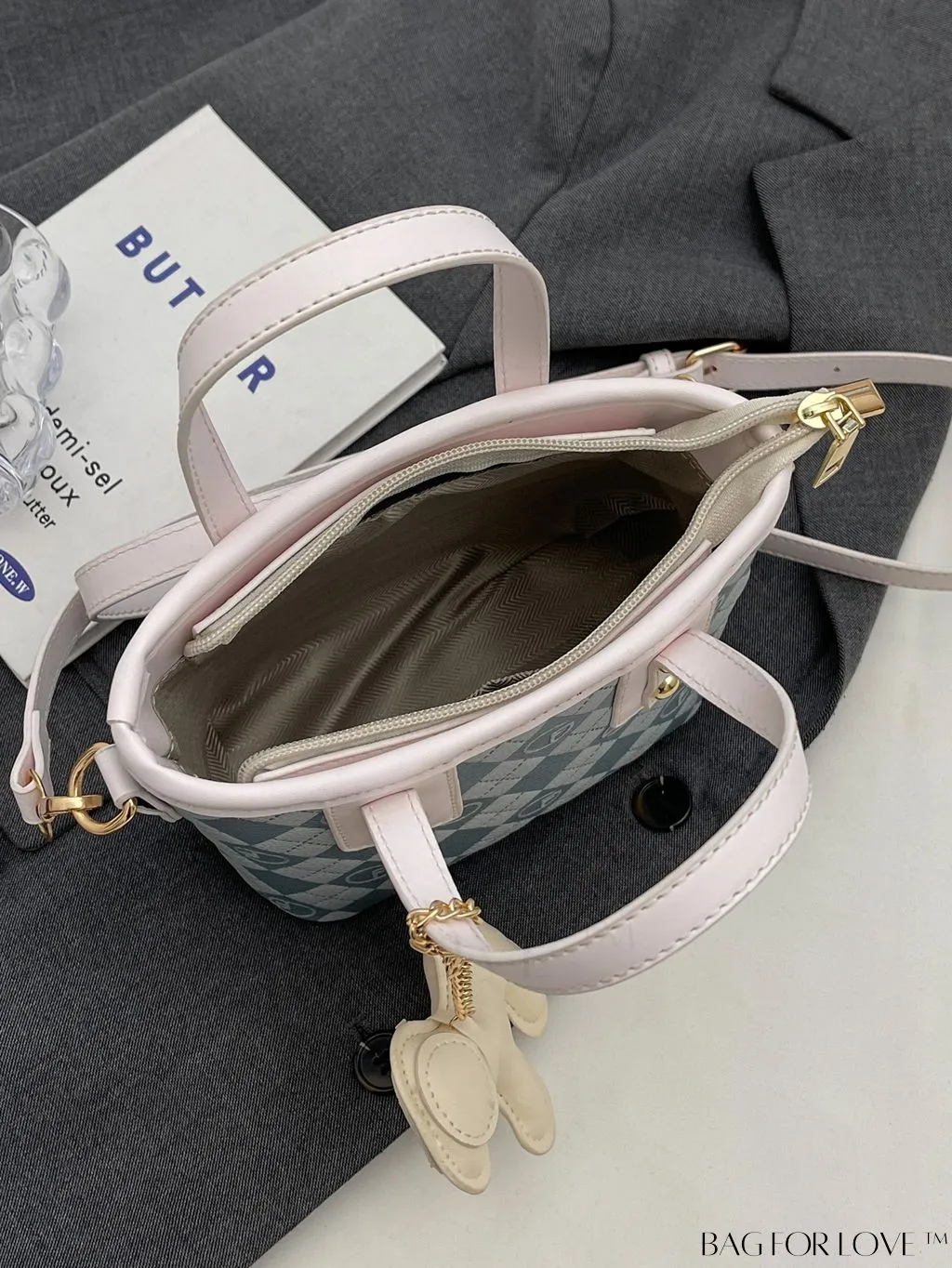 BagForLove - Compact Bucket Bag with Embossed Letter Design, Dual Handles, Contrast Binding & Bag Charm