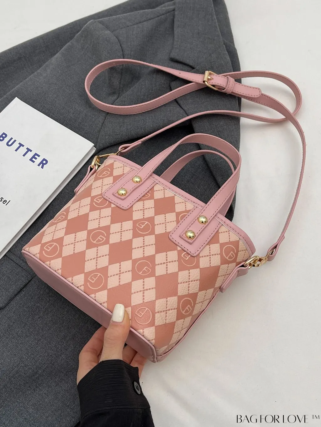BagForLove - Compact Bucket Bag with Embossed Letter Design, Dual Handles, Contrast Binding & Bag Charm