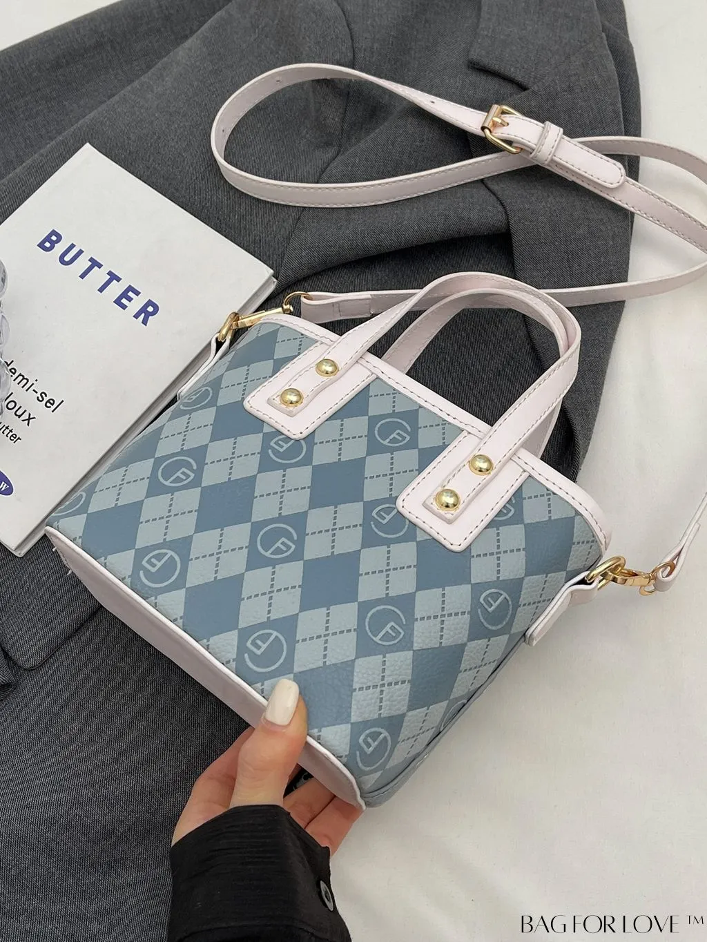 BagForLove - Compact Bucket Bag with Embossed Letter Design, Dual Handles, Contrast Binding & Bag Charm