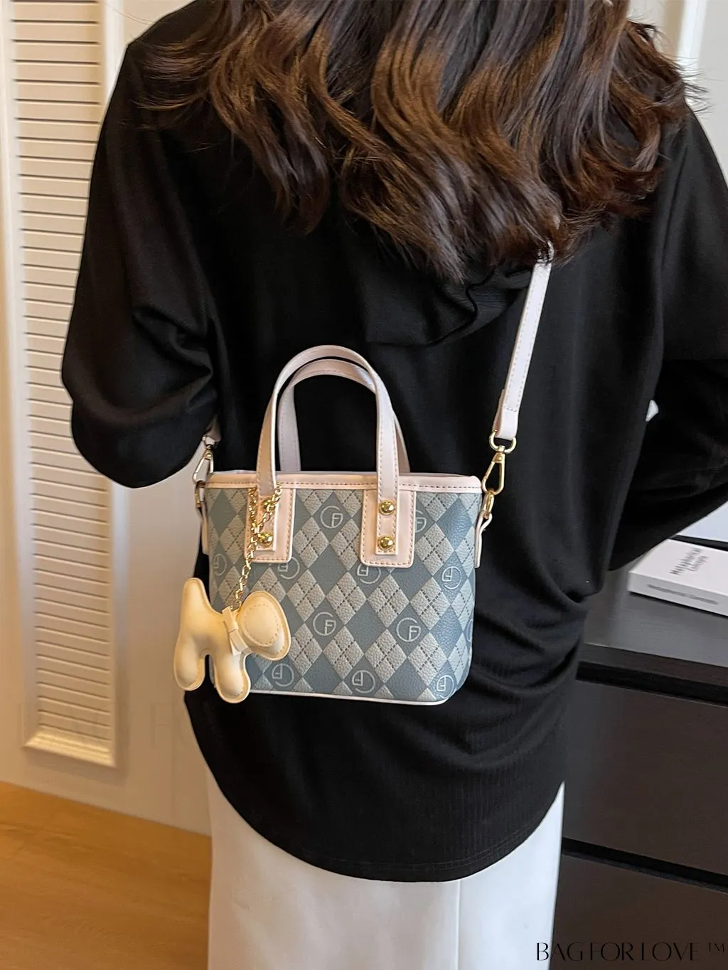BagForLove - Compact Bucket Bag with Embossed Letter Design, Dual Handles, Contrast Binding & Bag Charm