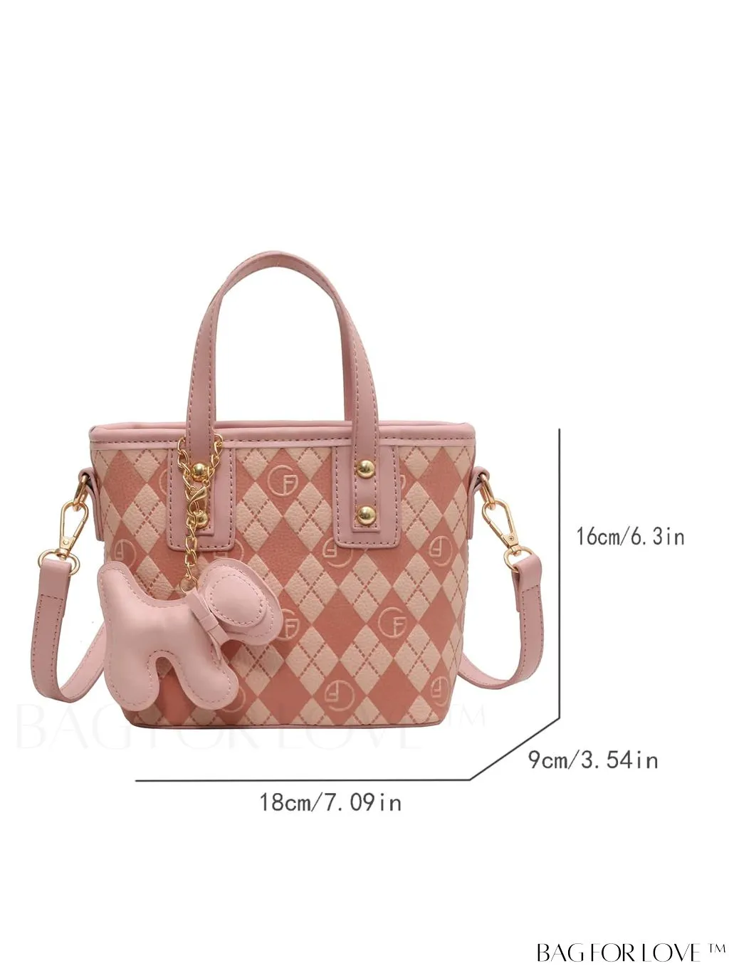 BagForLove - Compact Bucket Bag with Embossed Letter Design, Dual Handles, Contrast Binding & Bag Charm